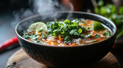 steaming bowl of rice soup with fresh herbs and lime, evoking warmth and comfort
