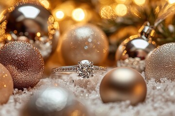 A sparkling diamond engagement ring nestled among glittering Christmas decorations