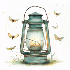 Vintage lantern surrounded by delicate moths in a serene setting.