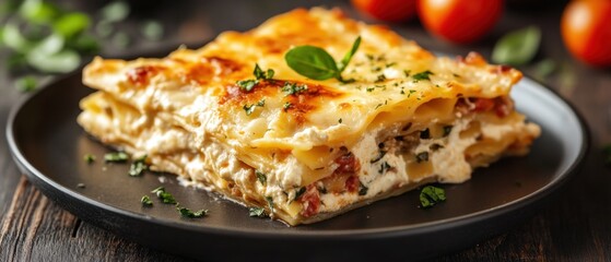 Delicious homemade lasagna with fresh basil and tomatoes on a rustic wooden table creating a warm inviting atmosphere perfect for a hearty meal