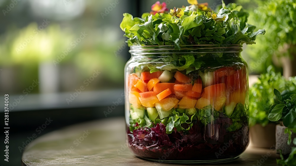Poster capture a visually stunning image of a glass jar filled with colorful vegetables set against a rusti