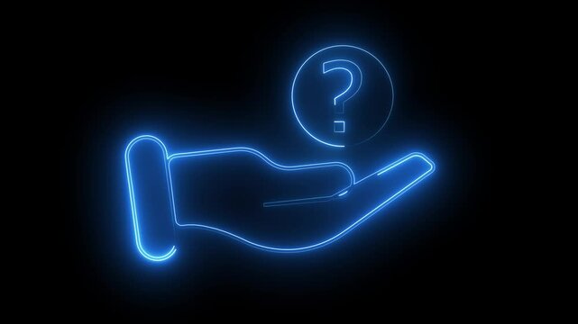 Glowing neon line question mark icon Sign in hand icon concept on black background. investment, growth business, profit, Money, profit