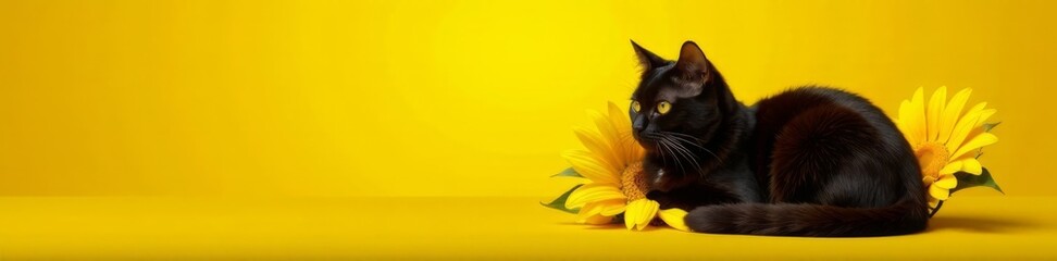 Vibrant yellow background with elegant black cat curled up on a sunflower, yellow field animal, flower cat, feline on bloom