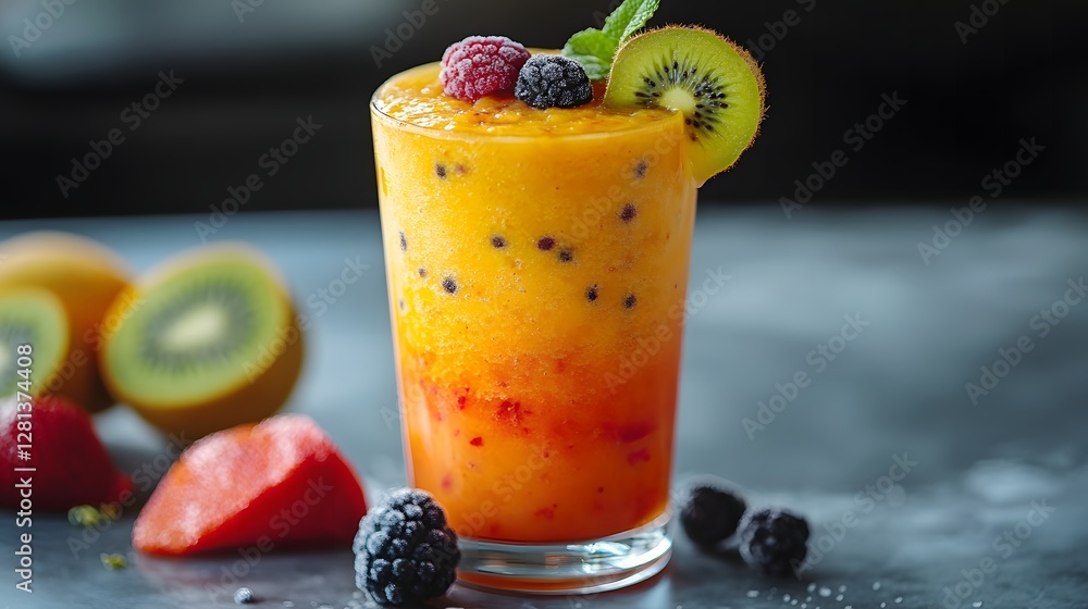Poster create a dynamic image of a vegan smoothie made featuring fresh fruits greens and vibrant colors in 