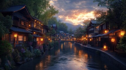 Fototapeta premium Feudal Japan Village NESTLED BY River in Twilight