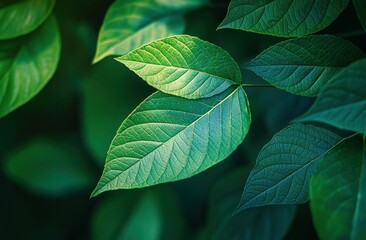 Obraz premium Lush green leaves illuminated by soft light, showcasing vibrant textures and shades, perfect for nature themes and organic backgrounds