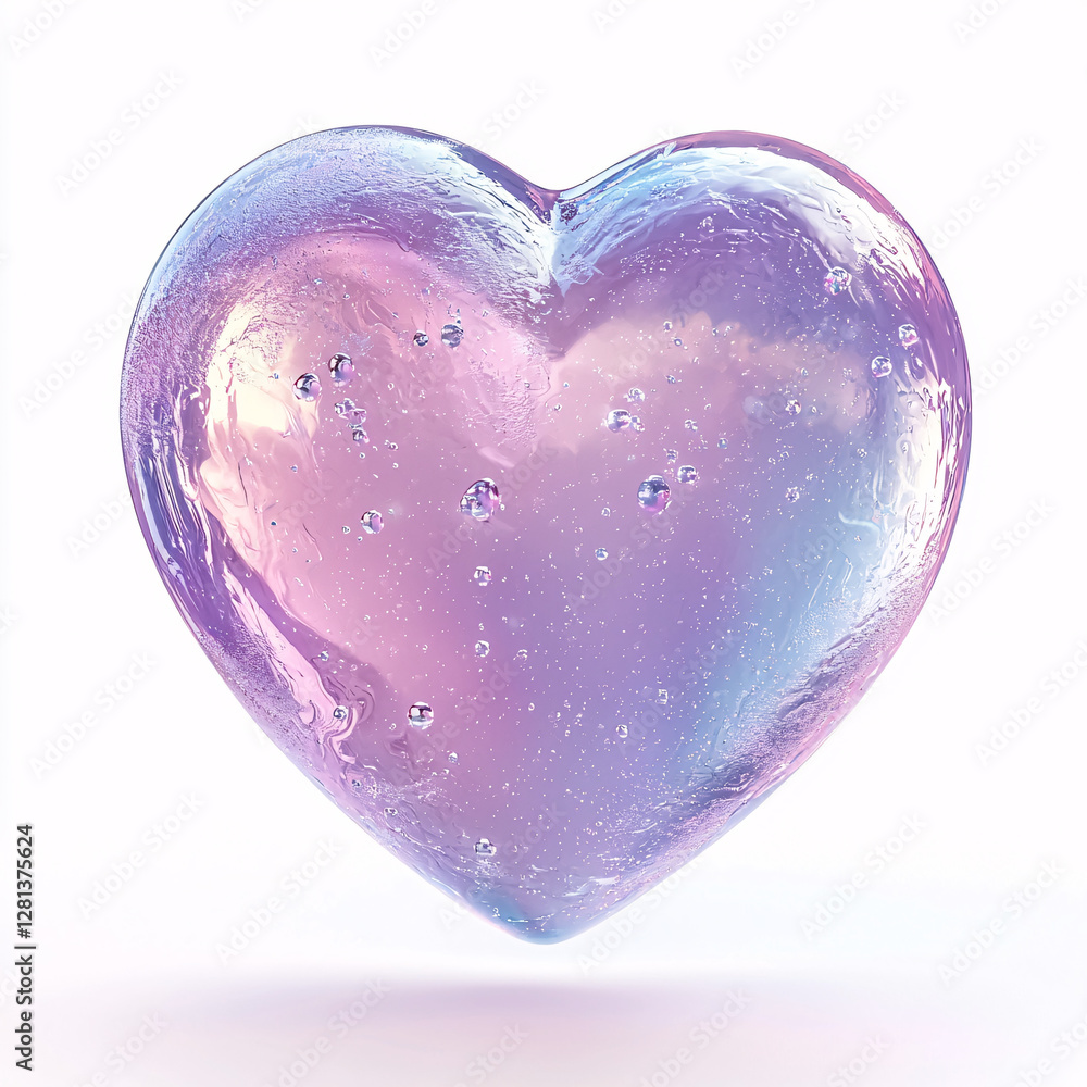 Poster heart-shaped crystal with a colorful gradient and bubbles.