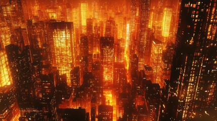 Fototapeta premium Burning futuristic city at night, fiery skyscrapers.