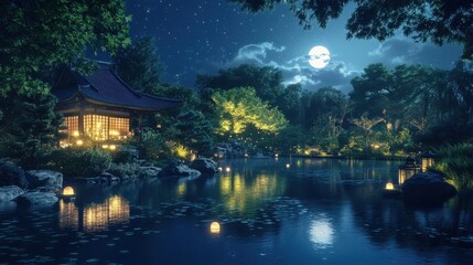 Feudal Japanese Garden Illuminated by Moonlight - Ult - 3