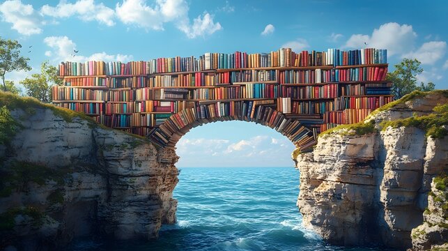 a bridge made of books representing knowledge and creativity in a whimsical imaginative landscape for all ages