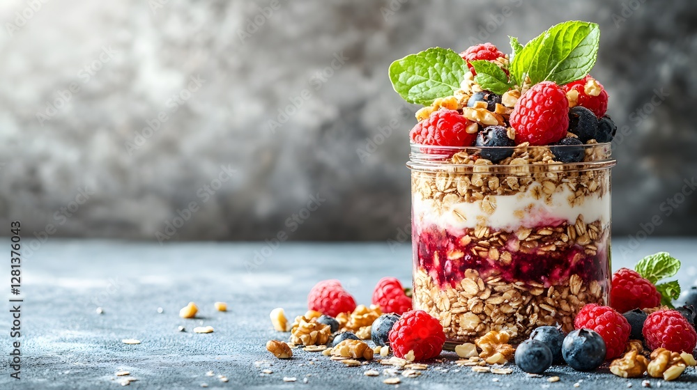 Poster illustrate a delightful image of a layered jar of grano with berries and nuts showcasing a vibrant a