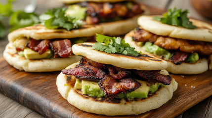 Delicious arepas filled with avocado and bacon, garnished with fresh cilantro. Perfect for savory meal or snack