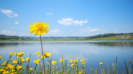 Yellow Wildflower by a Calm Lake Under a Sunny Sky
