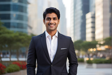 A man in a suit and tie is smiling in front of a city skyline