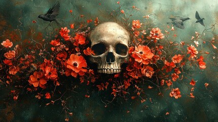 A Human Skull Adorned With Orange Flowers and Birds