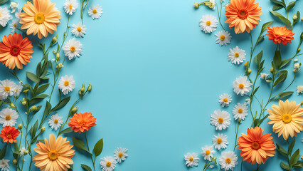 A blue background with a flowery border of orange and white flowers