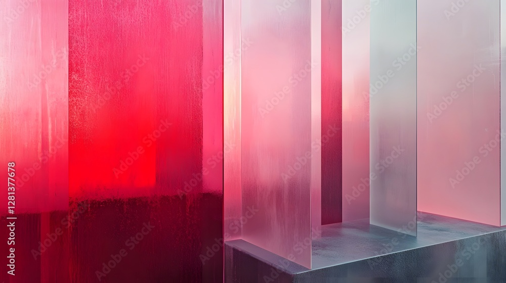 Poster minimalist abstract geometric pink and red transparent acrylic glass cubes background with reflectio