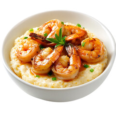 Shrimp on creamy grits in a white bowl, white isolate background