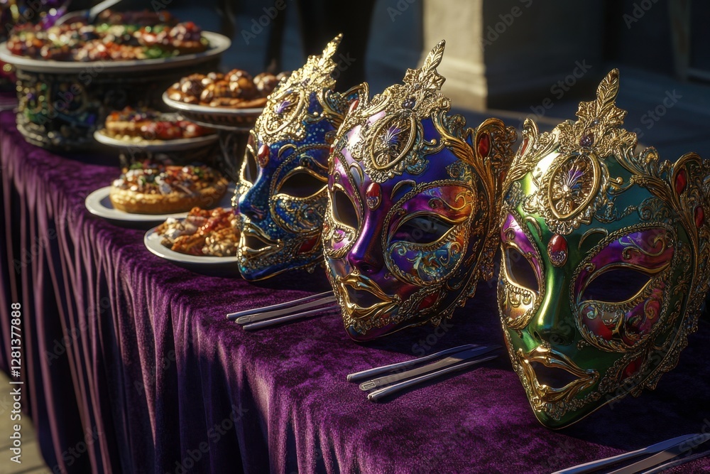 Poster a vibrant table setting featuring ornate masks and an array of delicious pastries, creating a festiv