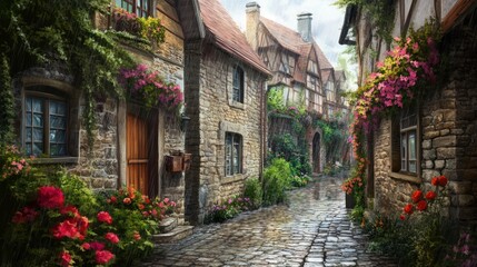 Naklejka premium Charming cobblestone street in a historic European village, featuring old stone houses adorned with vibrant flowers and lush greenery after a light rain.