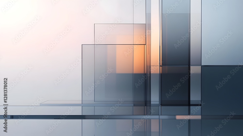 Poster Minimalist architectural facade with intersecting transparent glass windows creating a geometric abstract pattern of lines shapes and reflections  The clean