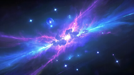 Obraz premium A nebula erupts with magenta and azure, amidst a scatter of celestial lights across the cosmic void 