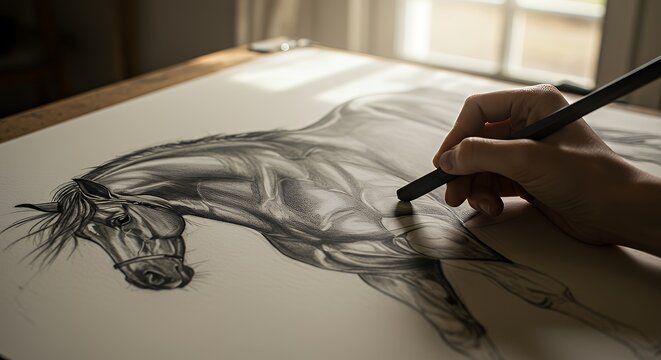 Horse Drawing in Progress with Charcoal Pencil on White Paper