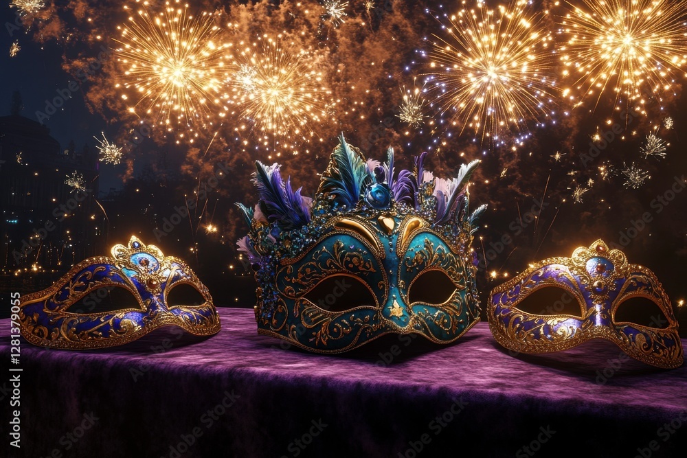 Poster three ornate masks sit on a table, illuminated by colorful fireworks in the background, creating a f