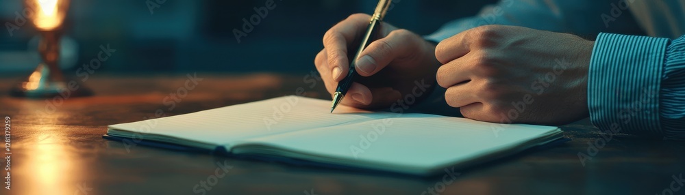 Aufkleber close-up of hands writing in notebook with a pen and candlelight creating a cozy and creative atmosp