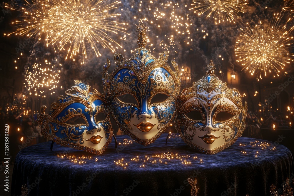 Poster three ornate masks on a table, illuminated by sparkling fireworks in the background, creating a fest
