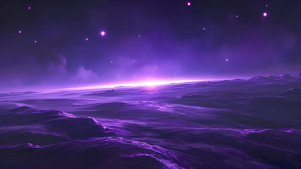 A twilight horizon bathes an alien landscape in amethyst hues, where distant stars gleam in the cosmic dusk.

