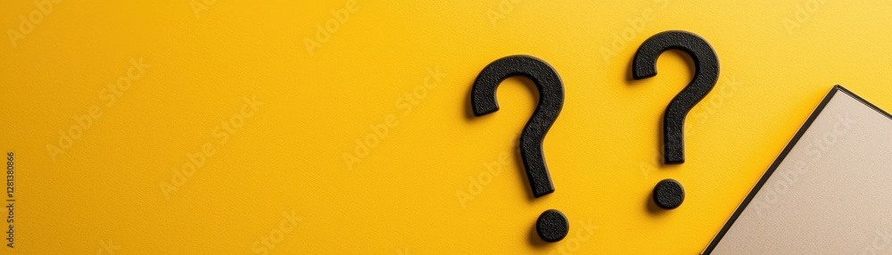 Poster black question marks on vibrant yellow background with minimalistic design and a geometric brown ele