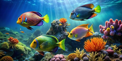 Vibrant Reef Fish Display  A Captivating Underwater Scene Showcasing Diverse Marine Life Amongst Colorful Coral Formations