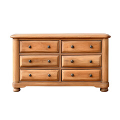 Stylish wooden dresser with six drawers, white isolate background.