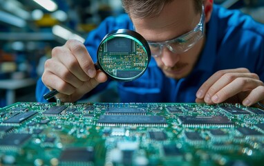 Engineer Inspecting Circuit Board with Magnifying Glass in Laboratory
