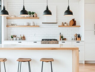 Modern kitchen with pendants showcases minimalist design aesthetics