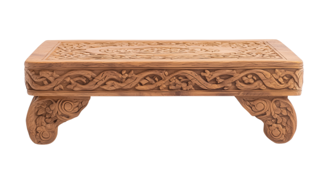 Ornate wooden rehal with delicate patterns, designed for the Quran