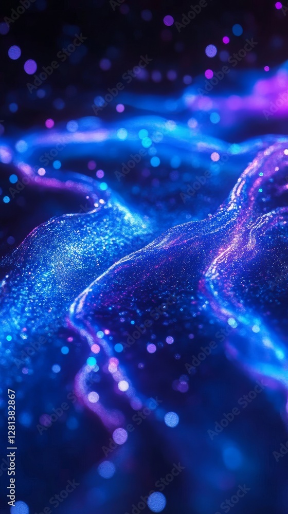 Poster A mesmerizing display of colorful waves filled with sparkling particles. This image captures the beauty of light in a stunning abstract form.