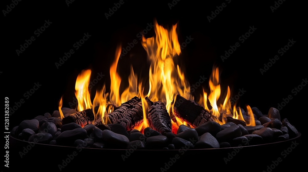 Poster Roaring flames dancing and flickering in a captivating firepit or rustic campfire setting with glowing embers charcoal and stones  The intense heat and light create a cozy