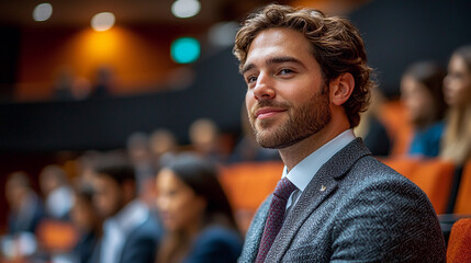 Obraz premium Young businessman with confident smile attending corporate conference event