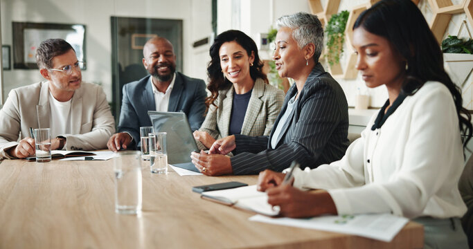 Laptop, corporate and business people in meeting with manager for feedback, website and online project. Office, teamwork and men and women with documents for collaboration, planning and proposal