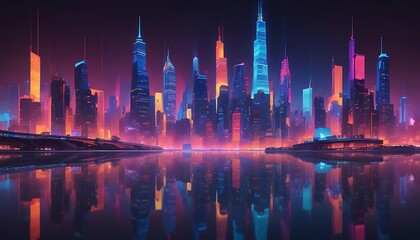 Fototapeta premium A vibrant city skyline reflected in calm and still water