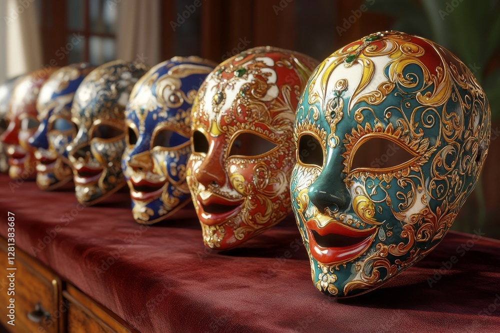 Poster colorful decorative masks are displayed in a row, showcasing intricate designs and patterns, ideal f