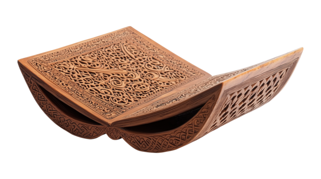 A beautifully crafted wooden Quran stand with intricate carvings