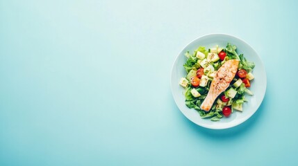 Salmon fillet served atop a fresh green salad