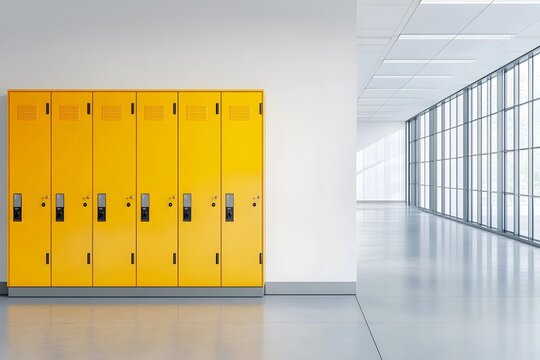 Minimalist School Hallway with Yellow Lockers on a Plain White Wall Background