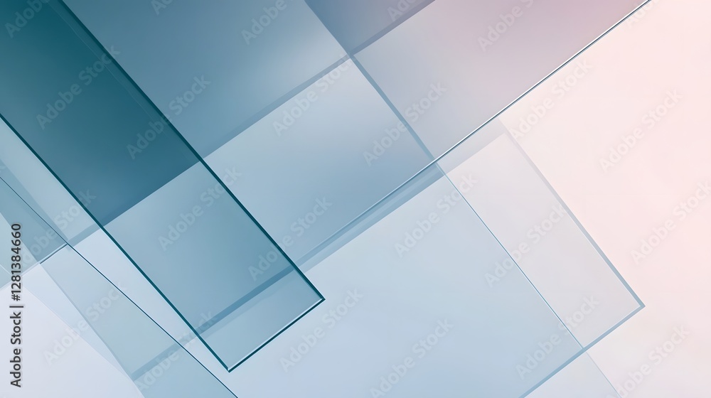 Poster Striking abstract composition featuring a dynamic arrangement of geometric shapes and lines in a minimalist color palette of soft blue and pastel pink hues