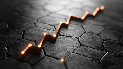 Obraz premium Abstract representation of a glowing upward trend on textured hexagonal pavement, symbolizing growth