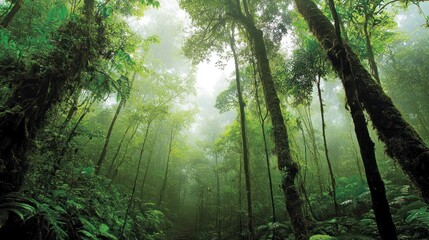 Obraz premium Lush green rainforest trees shrouded in mist