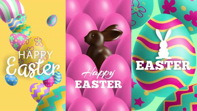 happy easter three  vertical animated banners  with eggs and rabbits video footage for social media